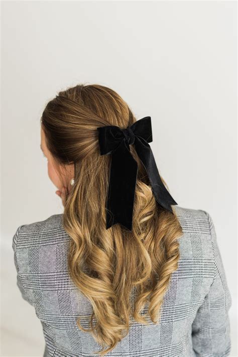 black oversized velvet hair bow long ribbon tails french barrette grace and grandeur bailee bow