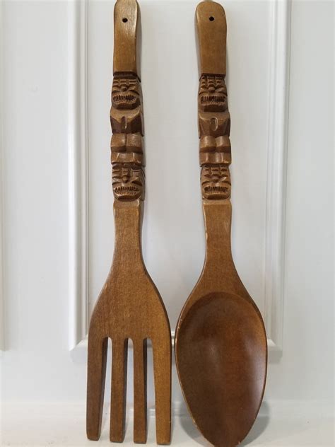 vintage extra large wood fork and spoon 22 inches wall decor etsy