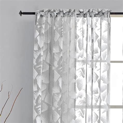 Kotile Geometric Voile Curtains For Kitchen Silver Grey Sheer