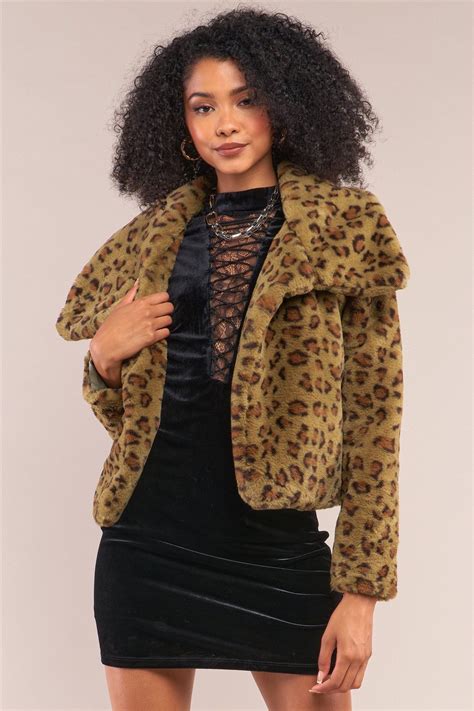 Green Leopard Print Faux Fur Open Front Oversized Collar Jacket M In