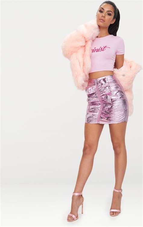 Pink Metallic Faux Leather Zip Frill Mini Skirt Prettylittlething