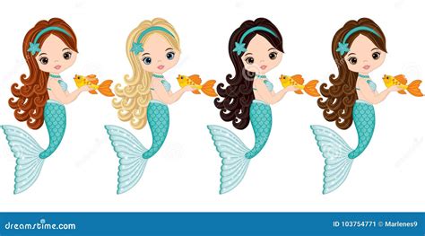 Vector Cute Little Mermaids With Fish Vector Mermaids Stock Vector
