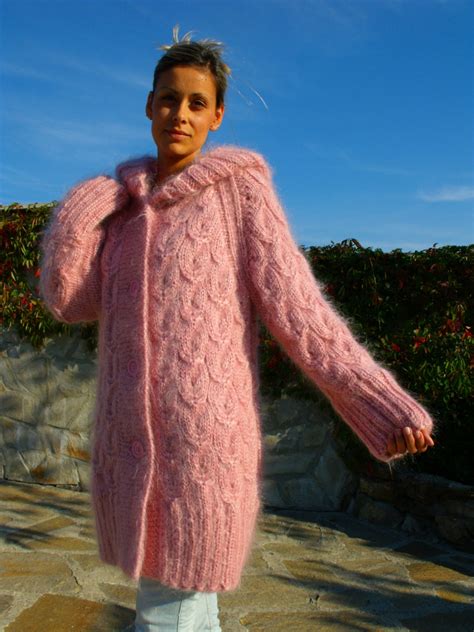 Hand Knit Mohair Cardigan Hooded Pink Thick Fuzzy Coat Fluffy Etsy