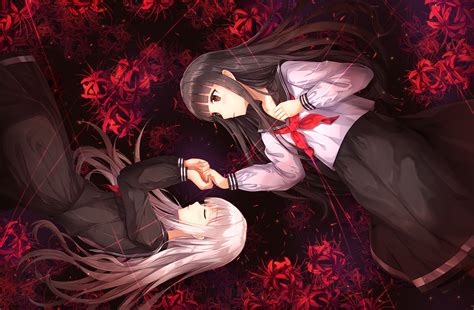 2girls Blackhair Browneyes Flowers Longhair Lunacle Original School