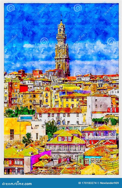 Cidade Antiga Do Porto Com A Torre Dos Clerigos Vista Com Casas