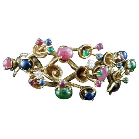 Vintage Tutti Frutti 14 Kt Gold Bracelet With Rubies Sapphires Emeralds