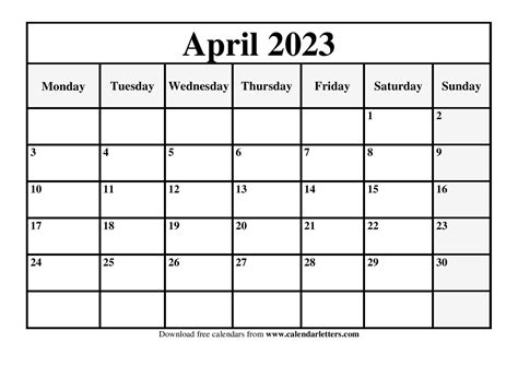 Blank April 2023 Calendar Pdf Mobila Bucatarie 2023
