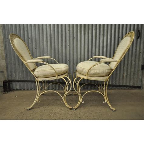 Vintage Hollywood Regency Lattice Wrought Iron Patio Lounge Arm Chairs
