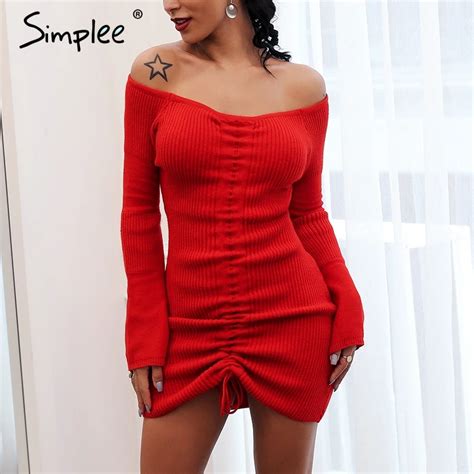 simplee off shoulder knitting sweater sexy dress women flare sleeve short mini dress party club