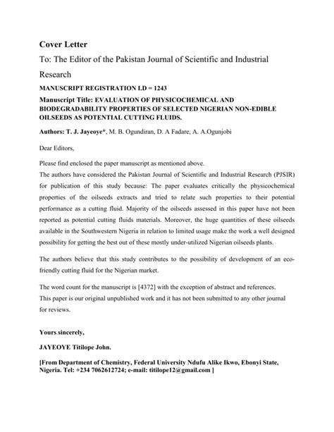 Cover Letter For Publication In Scientific Journal - 90 ...