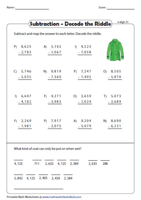 subtraction riddle worksheets