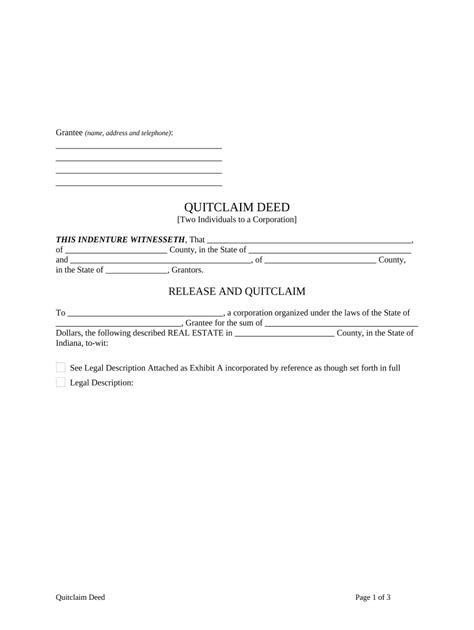 Quitclaim Deed By Two Individuals To Corporation Indiana Form Fill