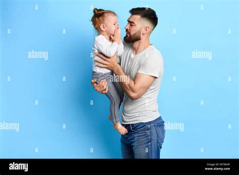 Caring Father Comforting His Crying Daughter Dad Having Taking