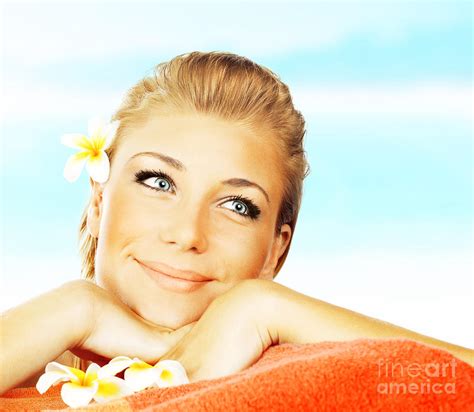 Woman On Spa Massage Bed On The Beach Photograph By Anna Om