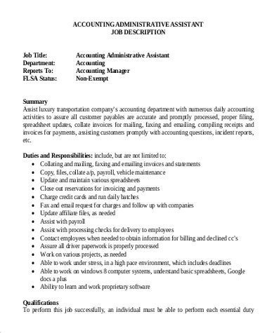 Sample resumes of property accountants list responsibilities like reconciling all bank accounts associated with each property in an assigned portfolio on a monthly basis, and assisting property managers with variance reports included in monthly reporting packages. FREE 9+ Sample Accounting Assistant Job Descriptions in ...