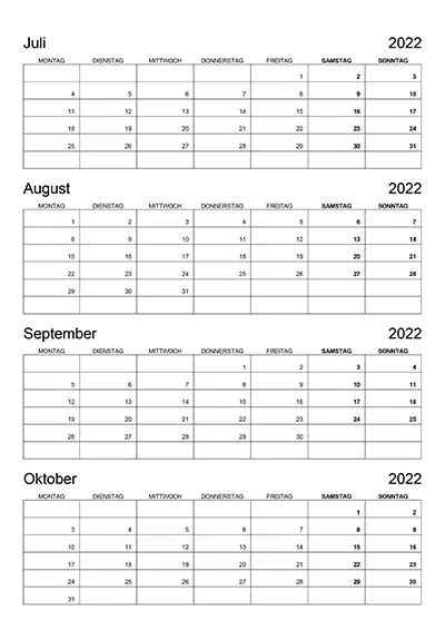 Kalender Juli August September Oktober 2022 Kalendersu