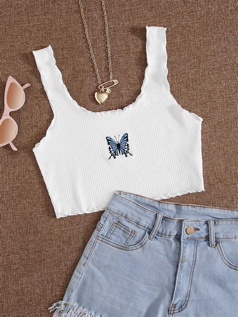 Butterfly Embroidered Rib Knit Lettuce Trim Tank Top Shein Usa In