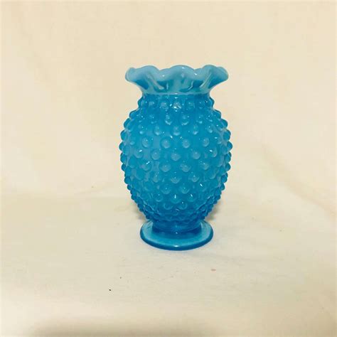 Fenton Hobnail 1950 S Aqua Blue Glass Miniature Vase 3 5 8 Tall Opalescent Rim Collectible