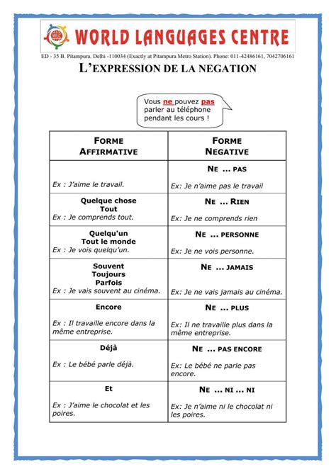 La Négation Online Activity For A2 You Can Do The Exercises Online Or
