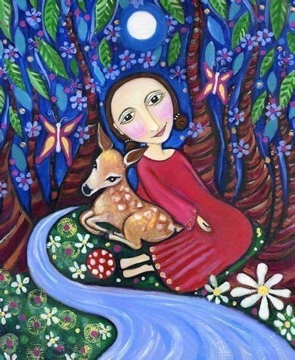 Girl With Deer Print Whimsical Folk Art Nursery Childrens Wall