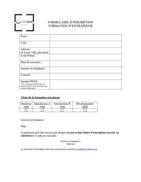 Formulaire Dinscription Formation Dentraîneur Doc Pdf Page 1 Sur 1