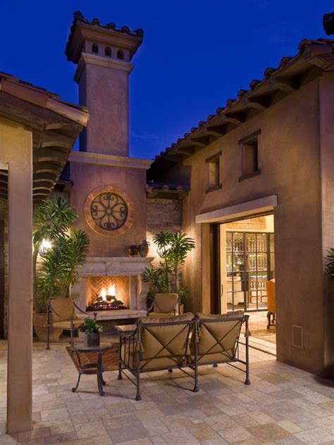 Exterior Mediterranean Patio In Outdoor Artistic Fireplace Design