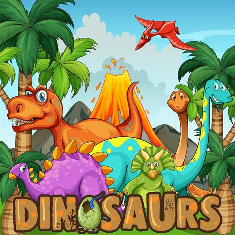 Different Types Of Dinosaurs By The Volcano 445942 Vector