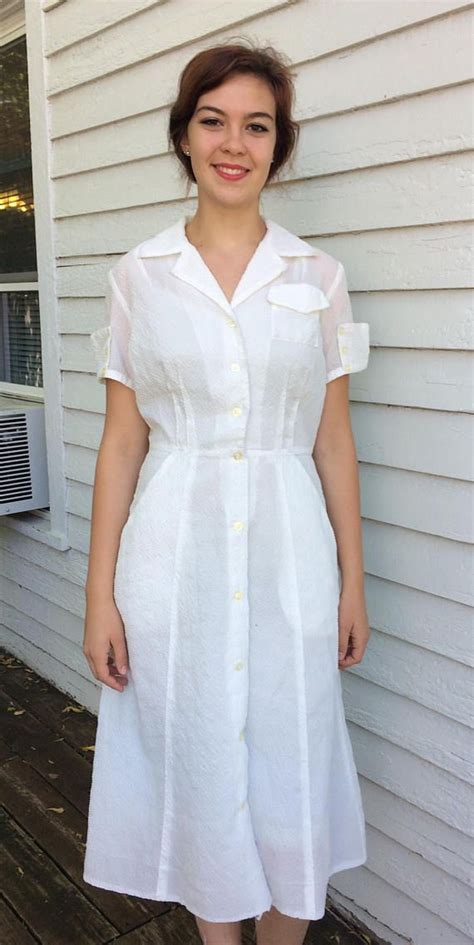 Vintage Nurse Uniform Dress White 50s M L Etsy Nurse Dress Uniform Uniform Dress White Dress