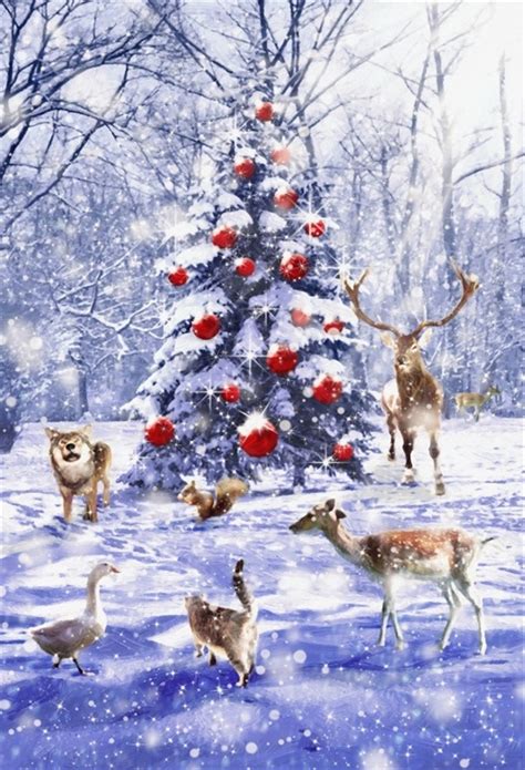Laeacco Snow Christmas Tree Animals Outdoor Scene