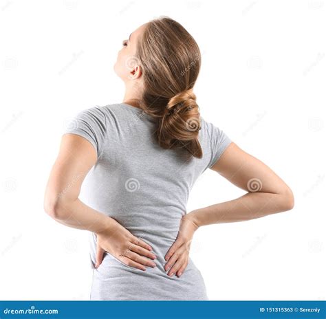 Young Woman Suffering From Back Pain On White Background Stock Image
