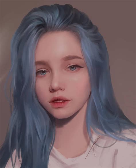 Blue Hair Cute Girl Digital Drawing Kawaii Girl Semi Realistic Art