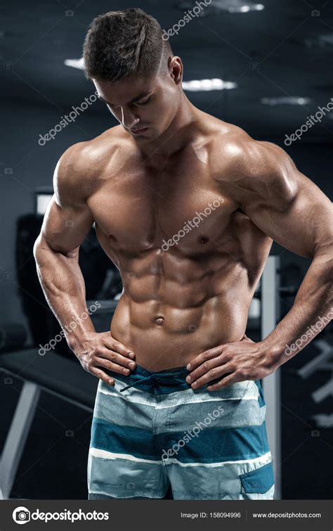 Muscular Man In Gym Abs Working Out Strong Male Naked Torso Shaped Abdominal Stock Photo By
