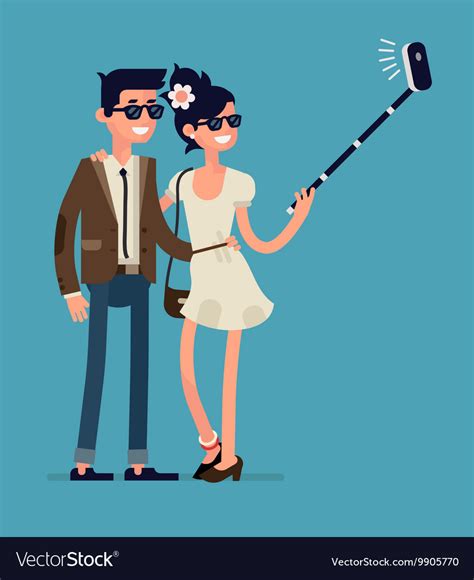 Couple Taking Selfies With A Selfie Stick Vector Image