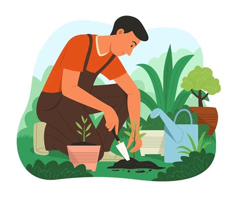 Premium Vector Man Planting A Tree In Garden