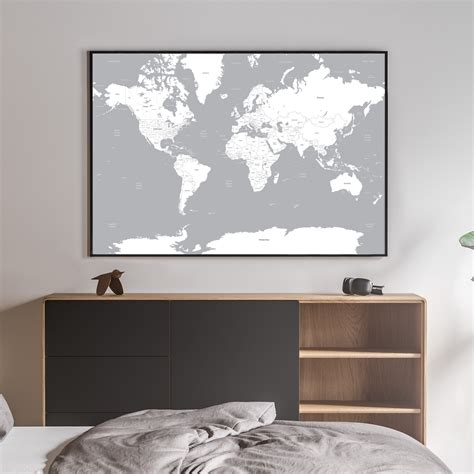Large Grey And White World Map Travel Print Poster Wall Art A0 Etsy Uk