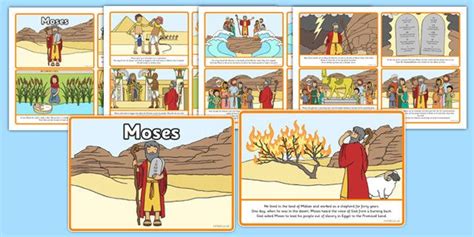 Four Cards Showing The Story Of Moses And His People Including An