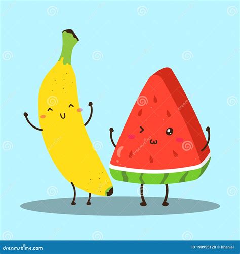 Cute Happy Fresh Banana And Watermelon Vector Design Stock Illustration