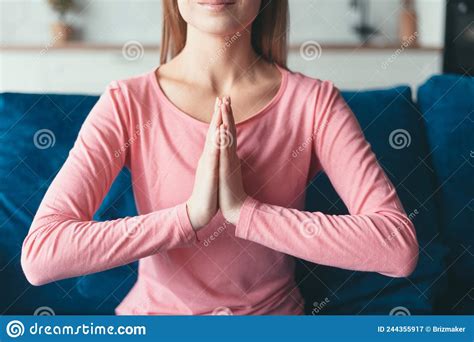 Smiling Young Woman Keeps Palms In Praying Gesture Stock Image Image