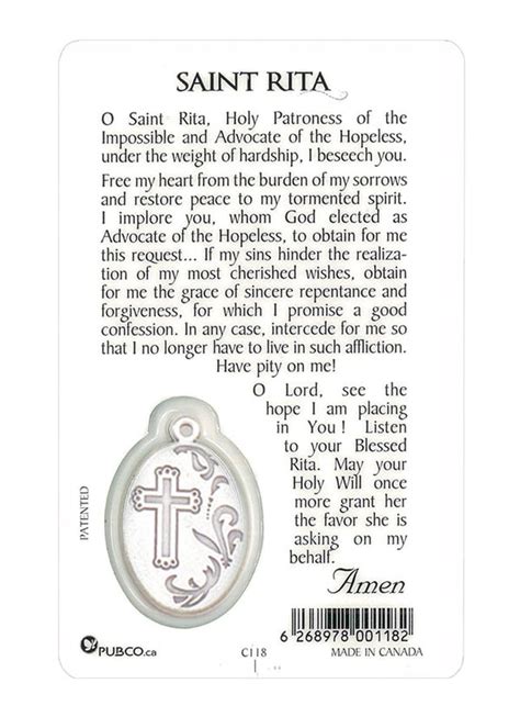 Saint Rita Prayer Card With Medal Laminated National Shrine Of
