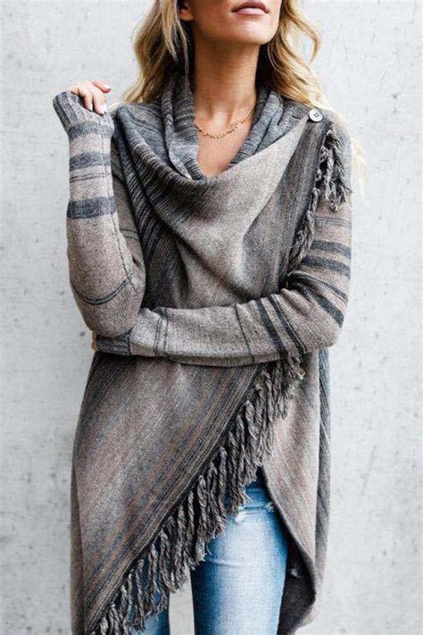 Lopolly Striped Shawl Sweater 2 Styles Long Sleeve Knit Tassel Cape