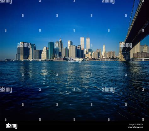 Lower Manhattan Skyline With Brooklyn Bridge And East River Prior To
