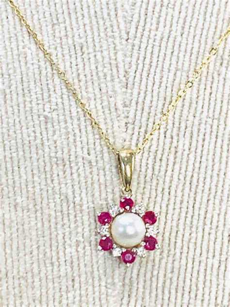 Vintage 9ct Gold Pearl Ruby And Diamond Pendant 16 Inch Necklace Fully