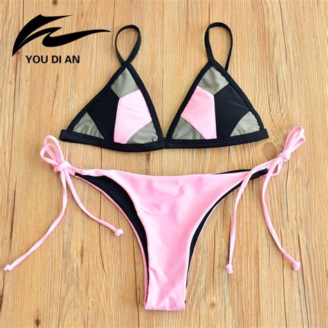 2017 New Patchwork Bikini Sexy Pink Thong Women Bikinis Top Swimwear