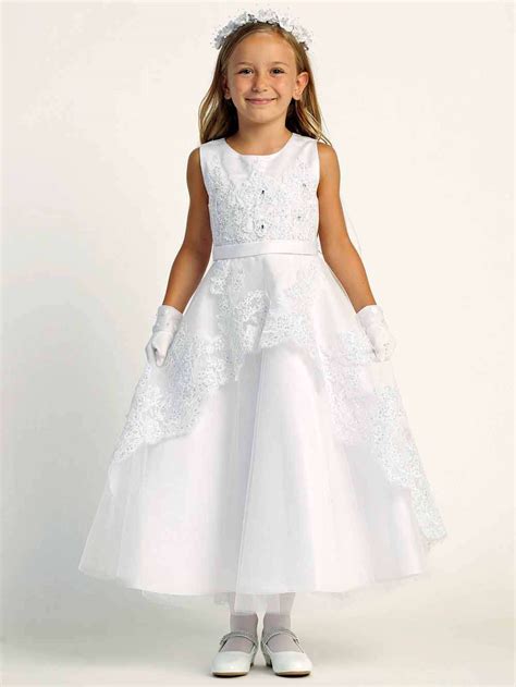 Satin A Line First Communion Dress With Embroidered Overlay