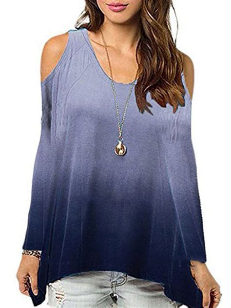Cold Shoulder Long Sleeve Basic Ombretie Dye T Shirt Tunic Tops