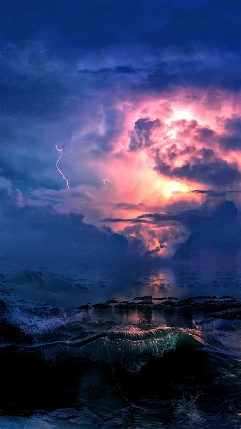 Free Download Storm Sea Waves Clouds Lightning Photoshop 1080x1920