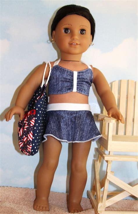 18 inch doll like american girl denim print 2 piece skirted swim suit with tie top american