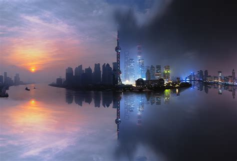 Shanghai Skyline Day And Night Edited Photo Hd Wallpaper Wallpaper Flare