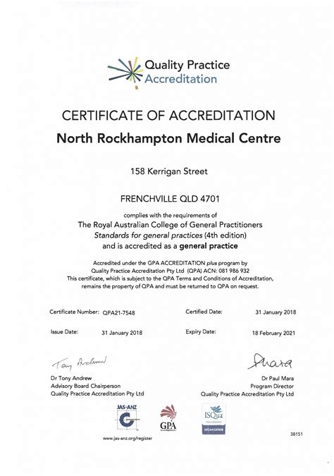 Certificate Of Accreditation North Rockhampton Medical Centre