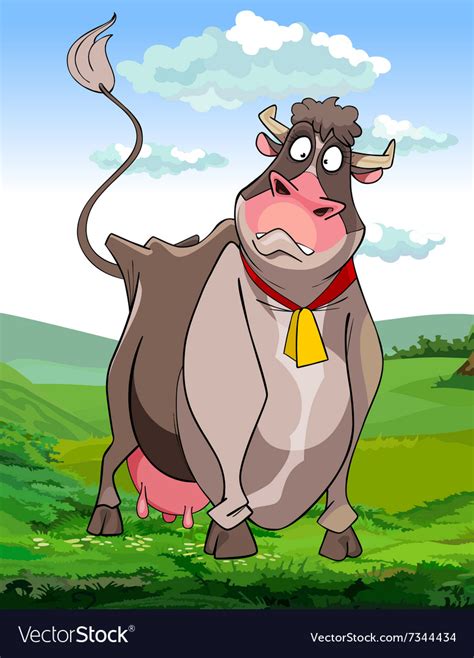 Cartoon Surprised Funny Cow On A Green Meadow Vector Image